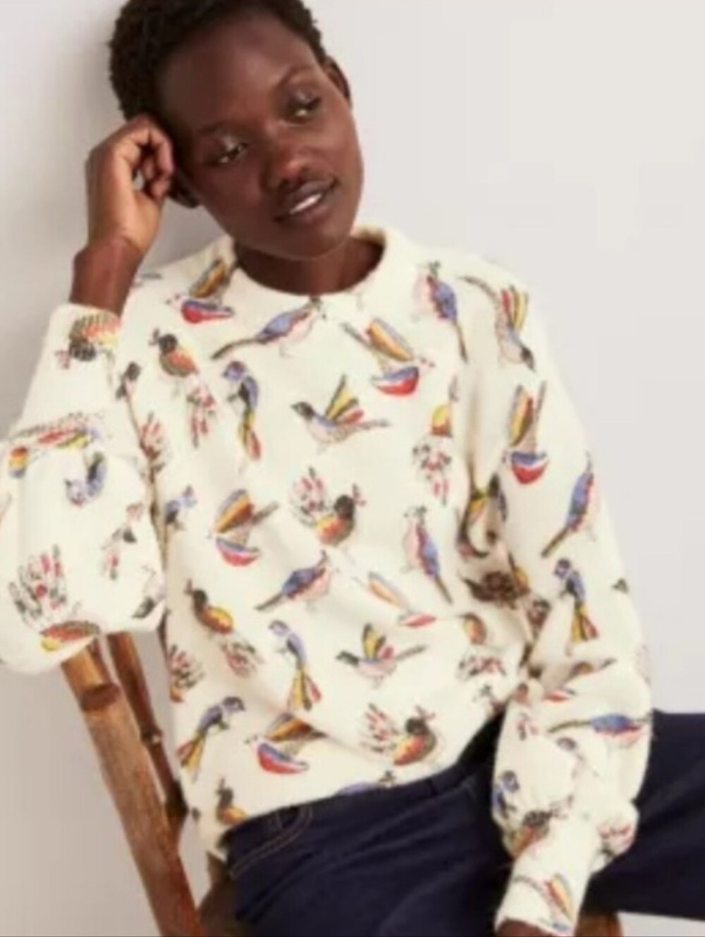 Boden Cream Crewneck Sweater with Colorful Bird Print Size 4 Oversized LooseFit